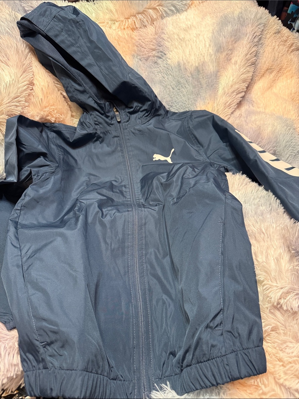 Puma Navy Hooded Kids Rain Jacket with White Logo